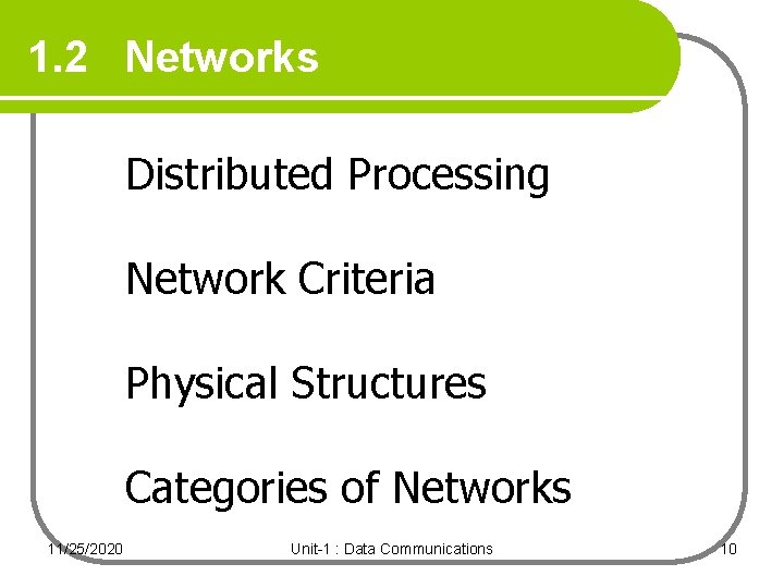 1. 2 Networks Distributed Processing Network Criteria Physical Structures Categories of Networks 11/25/2020 Unit-1 1. 2 Networks Distributed Processing Network Criteria Physical Structures Categories of Networks 11/25/2020 Unit-1