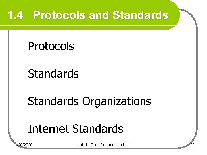 1. 4 Protocols and Standards Protocols Standards Organizations Internet Standards 11/25/2020 Unit-1 : Data 1. 4 Protocols and Standards Protocols Standards Organizations Internet Standards 11/25/2020 Unit-1 : Data