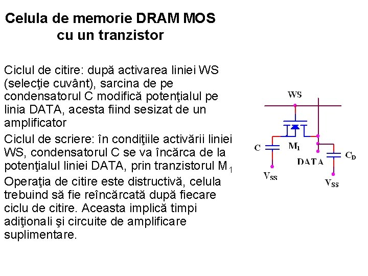 Celula de memorie DRAM MOS cu un tranzistor Ciclul de citire: după activarea liniei Celula de memorie DRAM MOS cu un tranzistor Ciclul de citire: după activarea liniei