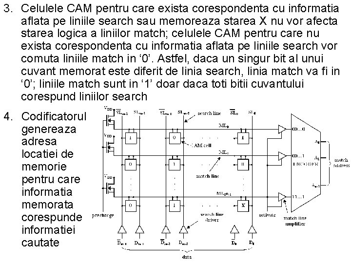 3. Celulele CAM pentru care exista corespondenta cu informatia aflata pe liniile search sau 3. Celulele CAM pentru care exista corespondenta cu informatia aflata pe liniile search sau