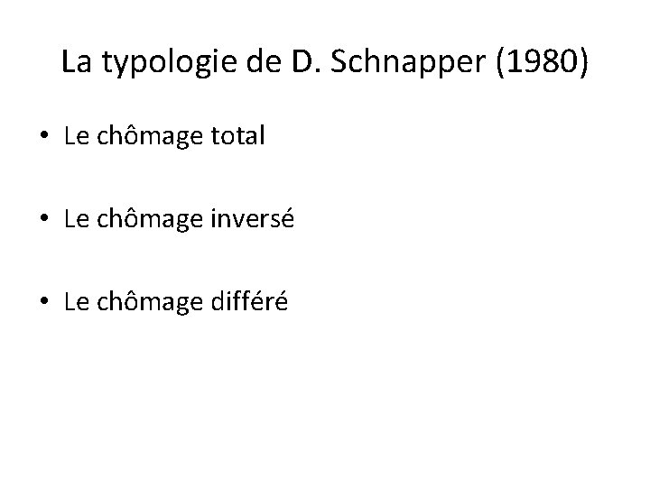 La typologie de D. Schnapper (1980) • Le chômage total • Le chômage inversé