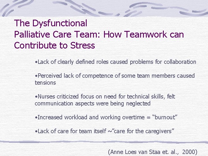The Dysfunctional Palliative Care Team: How Teamwork can Contribute to Stress • Lack of The Dysfunctional Palliative Care Team: How Teamwork can Contribute to Stress • Lack of
