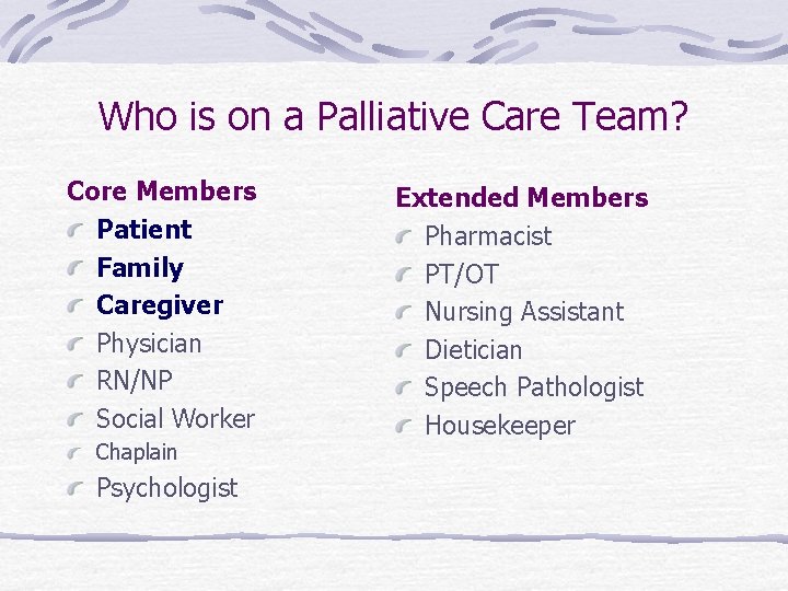 Who is on a Palliative Care Team? Core Members Patient Family Caregiver Physician RN/NP Who is on a Palliative Care Team? Core Members Patient Family Caregiver Physician RN/NP