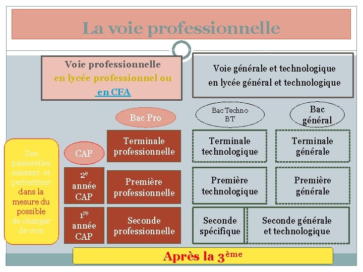 La voie professionnelle Voie professionnelle en lycée professionnel ou en CFA Des passerelles existent