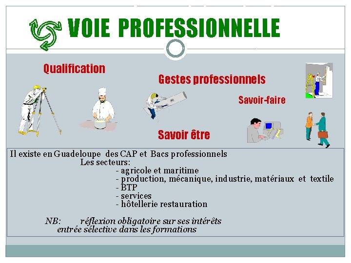 VOIE PROFESSIONNELLE Qualification Gestes professionnels Savoir-faire Savoir être Il existe en Guadeloupe des CAP