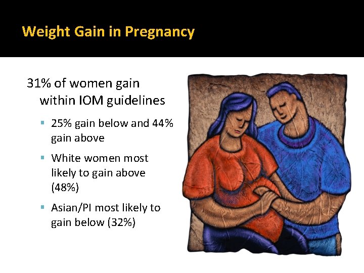 Weight Gain in Pregnancy 31% of women gain within IOM guidelines 25% gain below