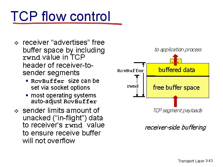 TCP flow control v receiver “advertises” free buffer space by including rwnd value in