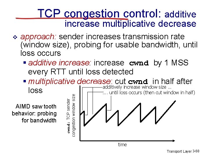 TCP congestion control: additive increase multiplicative decrease approach: sender increases transmission rate (window size),