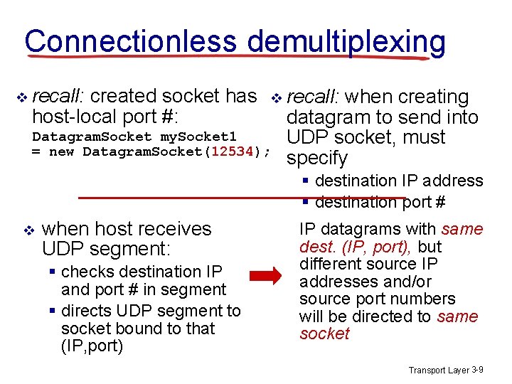 Connectionless demultiplexing v recall: created socket has host-local port #: v Datagram. Socket my.