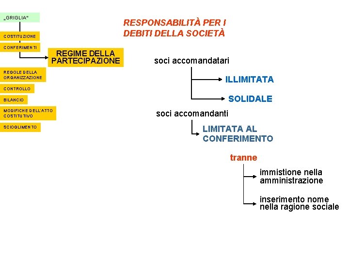 „GRIGLIA“ RESPONSABILITÀ PER I DEBITI DELLA SOCIETÀ COSTITUZIONE CONFERIMENTI REGIME DELLA PARTECIPAZIONE REGOLE DELLA