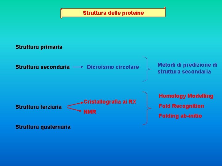 Struttura delle proteine Struttura primaria Struttura secondaria Struttura terziaria Struttura quaternaria Dicroismo circolare Cristallografia