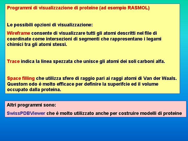 Programmi di visualizzazione di proteine (ad esempio RASMOL) Le possibili opzioni di visualizzazione: Wireframe Programmi di visualizzazione di proteine (ad esempio RASMOL) Le possibili opzioni di visualizzazione: Wireframe
