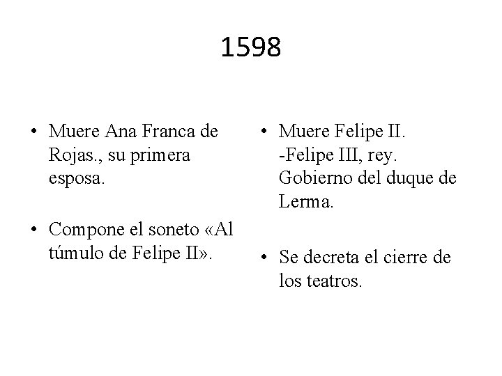 1598 • Muere Ana Franca de Rojas. , su primera esposa. • Compone el