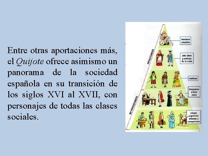 Entre otras aportaciones más, el Quijote ofrece asimismo un panorama de la sociedad española Entre otras aportaciones más, el Quijote ofrece asimismo un panorama de la sociedad española