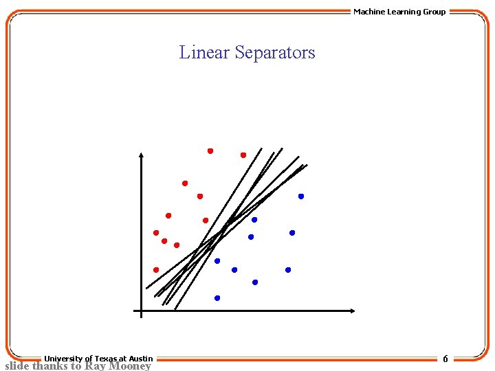 Machine Learning Group Linear Separators University of Texas at Austin slide thanks to Ray