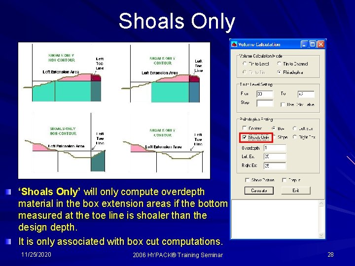 Shoals Only ‘Shoals Only’ will only compute overdepth material in the box extension areas