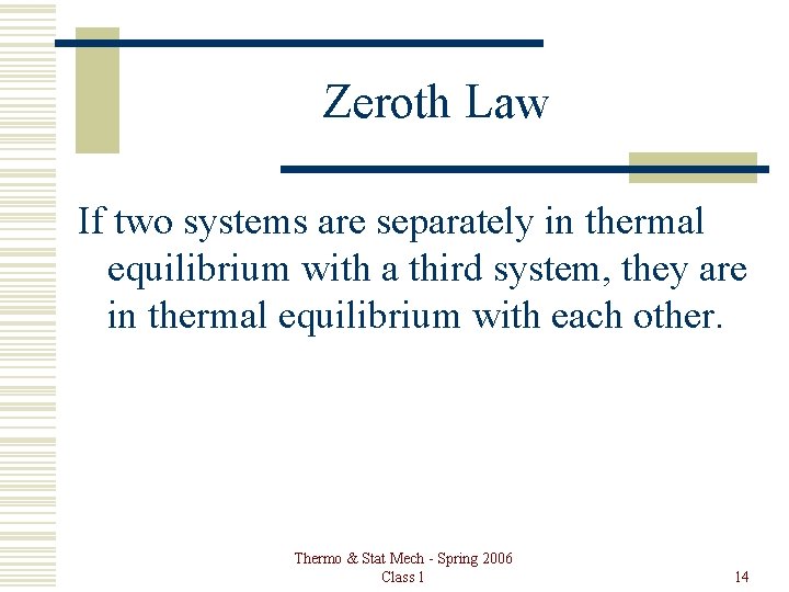 Zeroth Law If two systems are separately in thermal equilibrium with a third system,