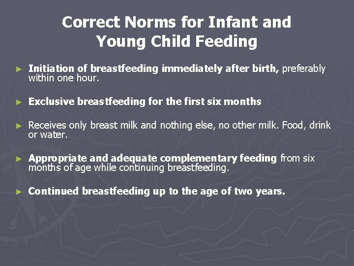 Correct Norms for Infant and Young Child Feeding ► Initiation of breastfeeding immediately after