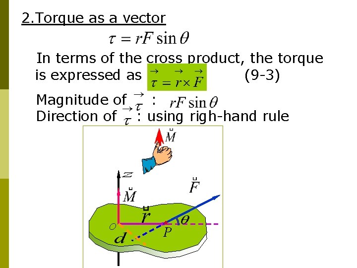 2. Torque as a vector In terms of the cross product, the torque is 2. Torque as a vector In terms of the cross product, the torque is
