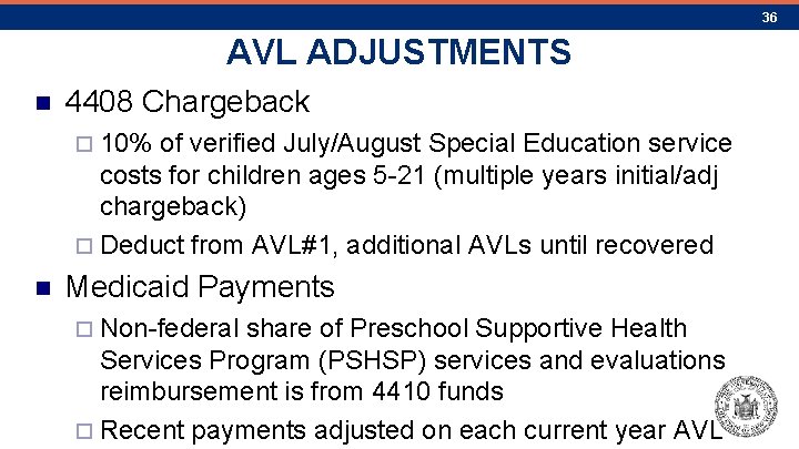 36 AVL ADJUSTMENTS n 4408 Chargeback ¨ 10% of verified July/August Special Education service