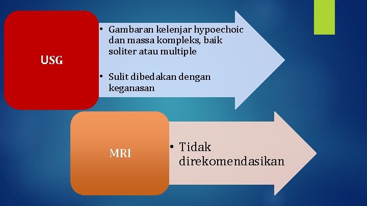 USG • Gambaran kelenjar hypoechoic dan massa kompleks, baik soliter atau multiple • Sulit