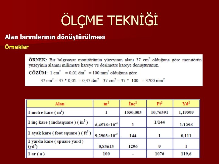 ÖLÇME TEKNİĞİ Alan birimlerinin dönüştürülmesi Örnekler 