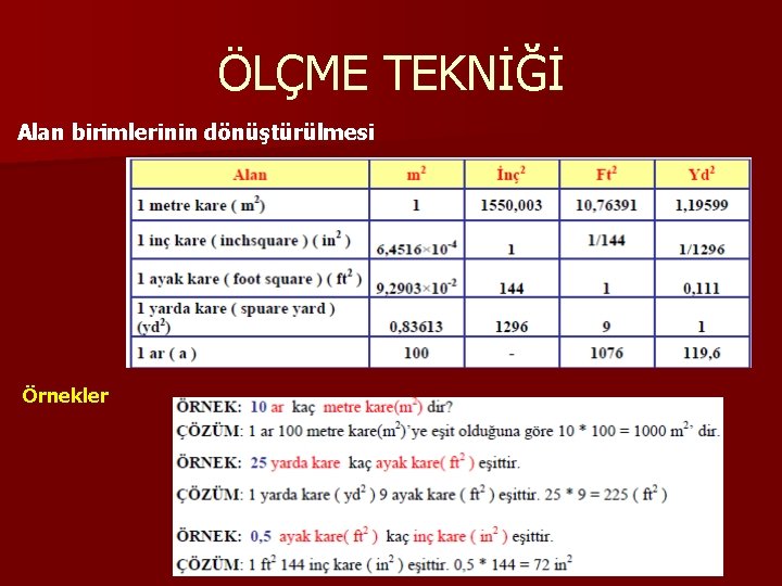 ÖLÇME TEKNİĞİ Alan birimlerinin dönüştürülmesi Örnekler ÖLÇME TEKNİĞİ Alan birimlerinin dönüştürülmesi Örnekler