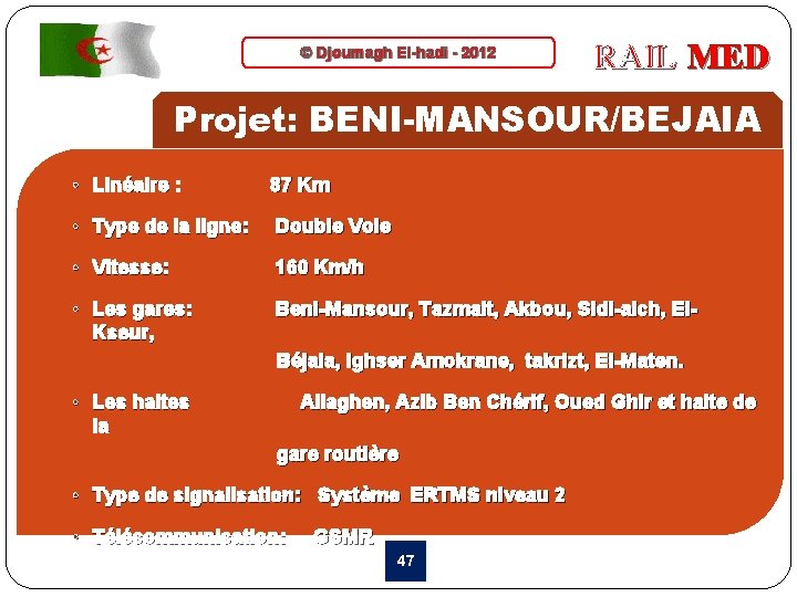 © Djoumagh El-hadi - 2012 RAIL MED Projet: BENI-MANSOUR/BEJAIA • Linéaire : 87 Km
