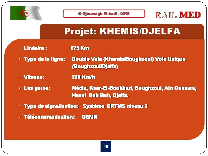 © Djoumagh El-hadi - 2012 RAIL MED Projet: KHEMIS/DJELFA • Linéaire : 275 Km