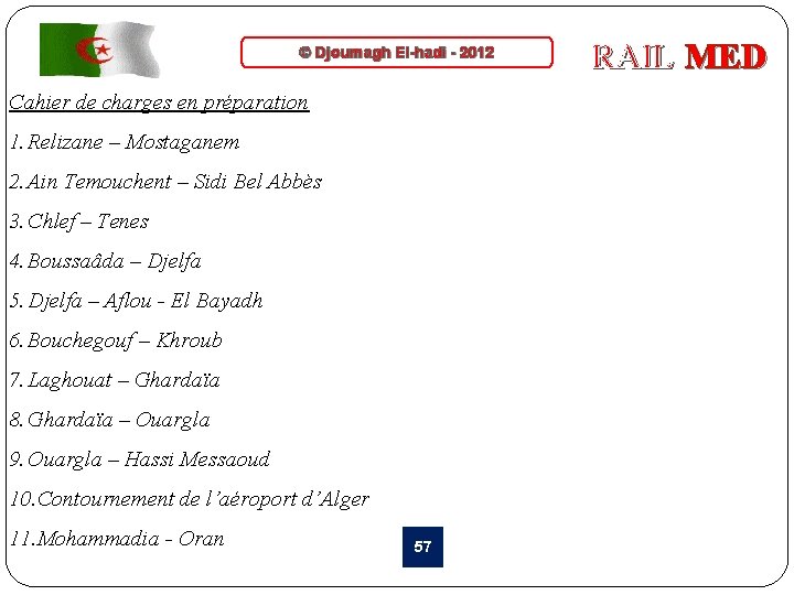 © Djoumagh El-hadi - 2012 Cahier de charges en préparation 1. Relizane – Mostaganem