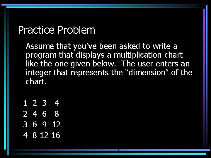 Practice Problem Assume that you’ve been asked to write a program that displays a