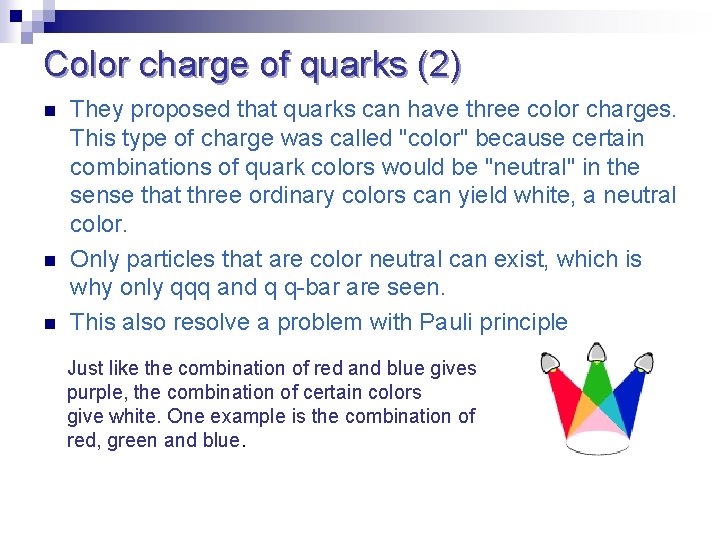 Color charge of quarks (2) n n n They proposed that quarks can have