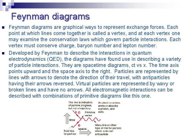 Feynman diagrams n n Feynman diagrams are graphical ways to represent exchange forces. Each