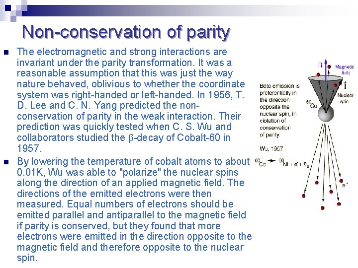 Non-conservation of parity n n The electromagnetic and strong interactions are invariant under the