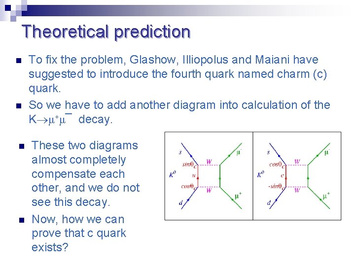 Theoretical prediction n n To fix the problem, Glashow, Illiopolus and Maiani have suggested