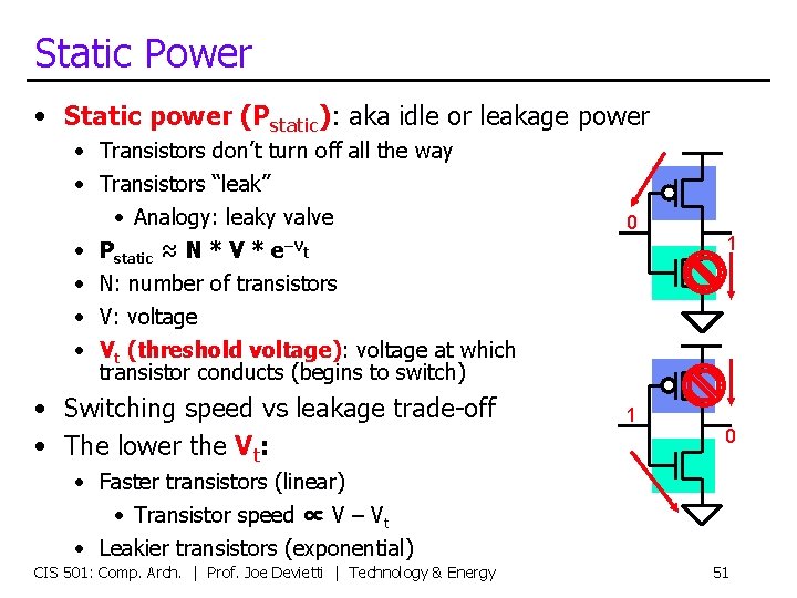 Static Power • Static power (Pstatic): aka idle or leakage power • Transistors don’t