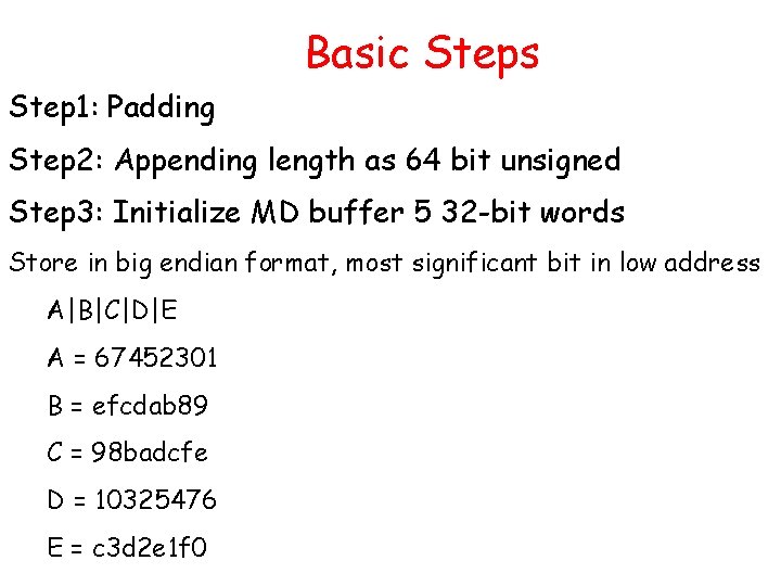 Basic Steps Step 1: Padding Step 2: Appending length as 64 bit unsigned Step