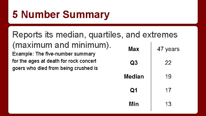 5 Number Summary Reports its median, quartiles, and extremes (maximum and minimum). Example: The 5 Number Summary Reports its median, quartiles, and extremes (maximum and minimum). Example: The
