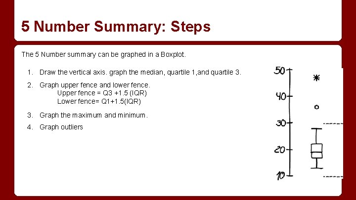 5 Number Summary: Steps The 5 Number summary can be graphed in a Boxplot. 5 Number Summary: Steps The 5 Number summary can be graphed in a Boxplot.