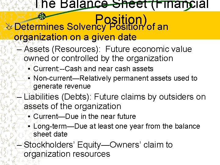 The Balance Sheet (Financial Position) Determines Solvency Position of an organization on a given The Balance Sheet (Financial Position) Determines Solvency Position of an organization on a given