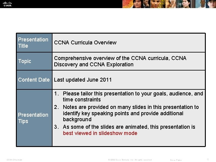 Presentation CCNA Curricula Overview Title Topic Comprehensive overview of the CCNA curricula, CCNA Discovery