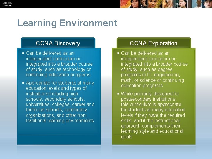 Learning Environment CCNA Discovery CCNA Exploration § Can be delivered as an independent curriculum