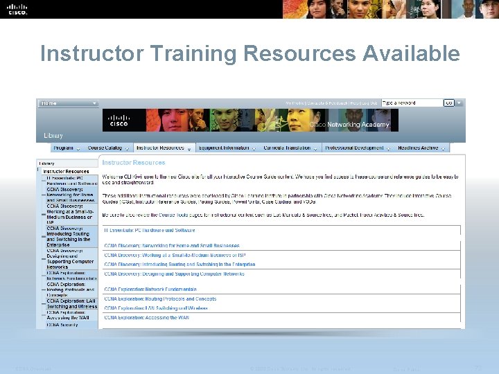 Instructor Training Resources Available CCNA Overview © 2009 Cisco Systems, Inc. All rights reserved.