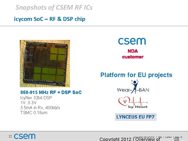 Snapshots of CSEM RF ICs icycom So. C – RF & DSP chip Platform Snapshots of CSEM RF ICs icycom So. C – RF & DSP chip Platform