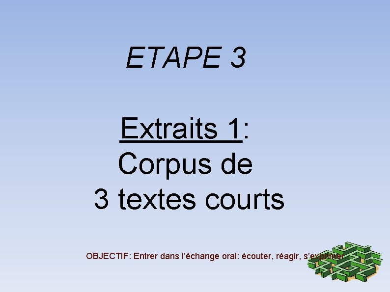 ETAPE 3 Extraits 1: Corpus de 3 textes courts OBJECTIF: Entrer dans l’échange oral: