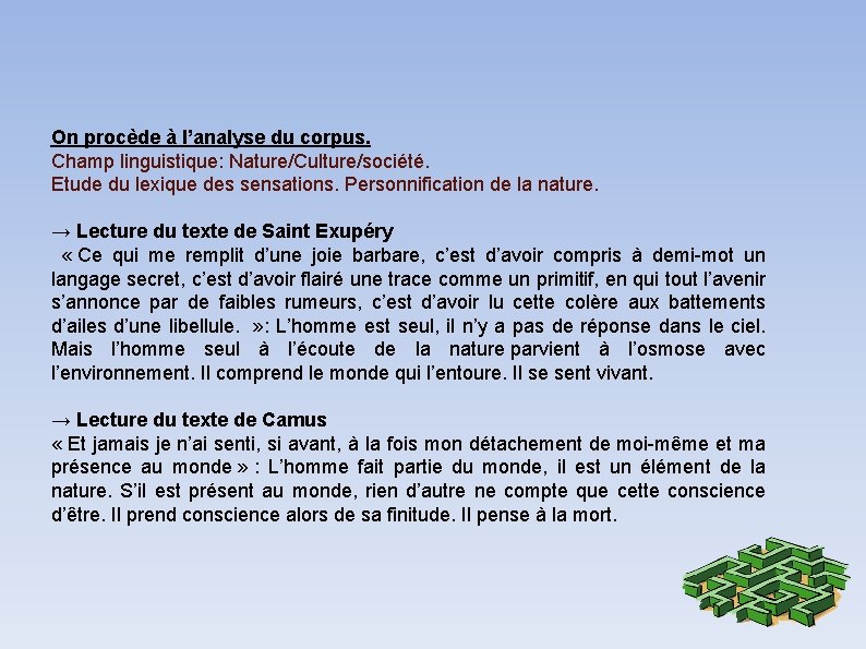 On procède à l’analyse du corpus. Champ linguistique: Nature/Culture/société. Etude du lexique des sensations.