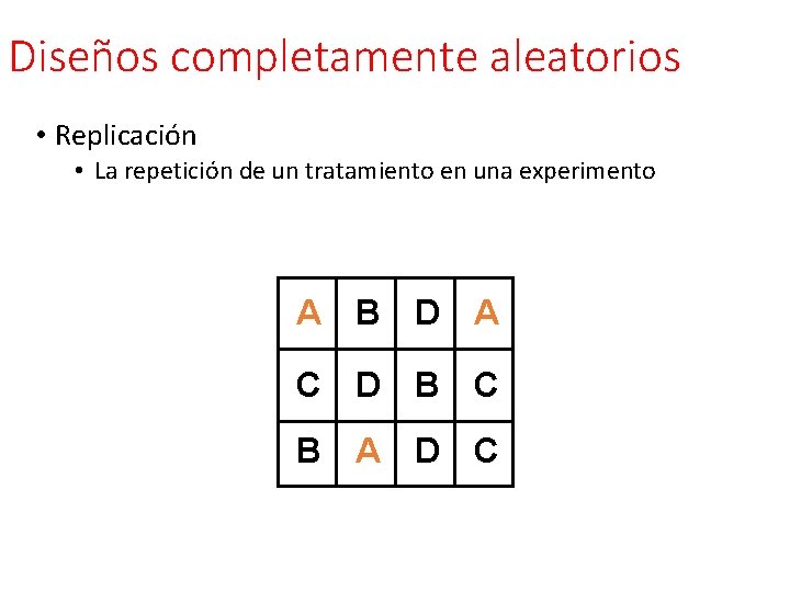 Diseños completamente aleatorios • Replicación • La repetición de un tratamiento en una experimento Diseños completamente aleatorios • Replicación • La repetición de un tratamiento en una experimento