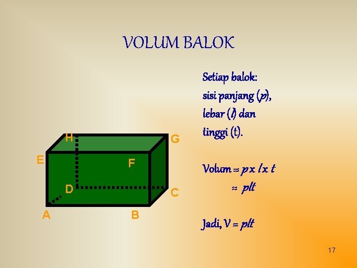 VOLUM BALOK H E C Volum = p x l x t = plt