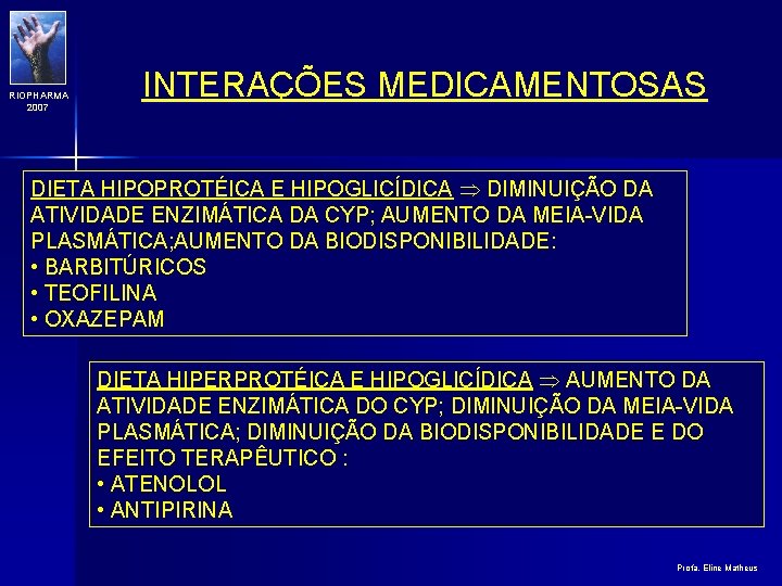 RIOPHARMA 2007 INTERAÇÕES MEDICAMENTOSAS DIETA HIPOPROTÉICA E HIPOGLICÍDICA DIMINUIÇÃO DA ATIVIDADE ENZIMÁTICA DA CYP;