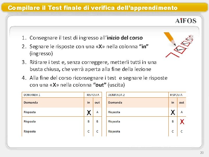Compilare il Test finale di verifica dell’apprendimento 1. Consegnare il test di ingresso all’inizio